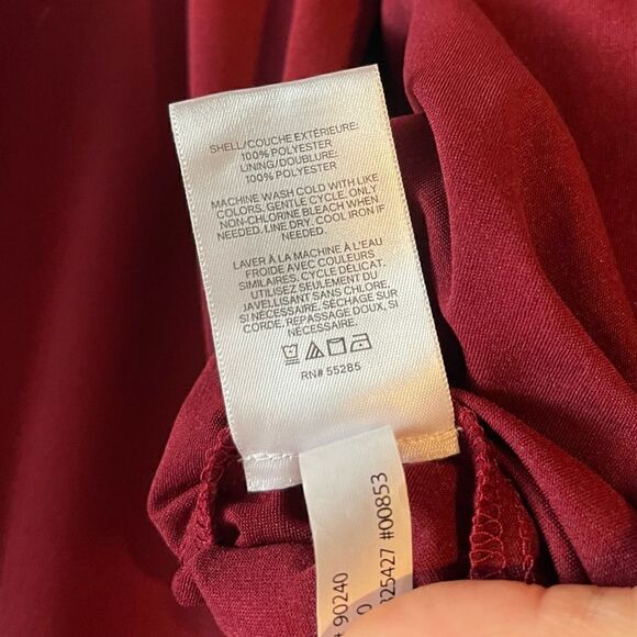 Express Burgundy Satin Long Sleeve Surplice Twist Front High Low Hem Midi Dress - Picture 13 of 17